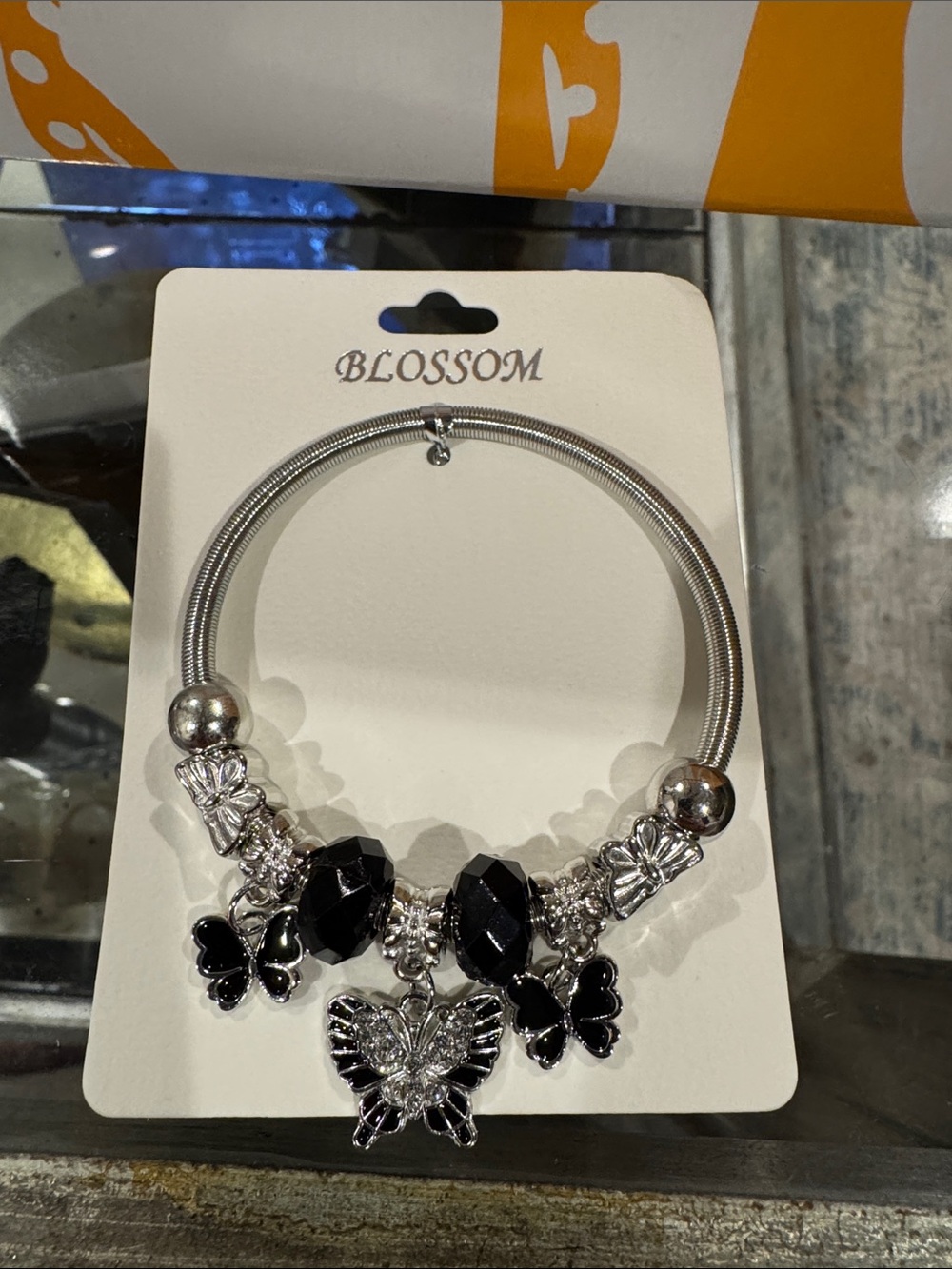 Blossom Silver Bracelet with Black Butterfly Charms